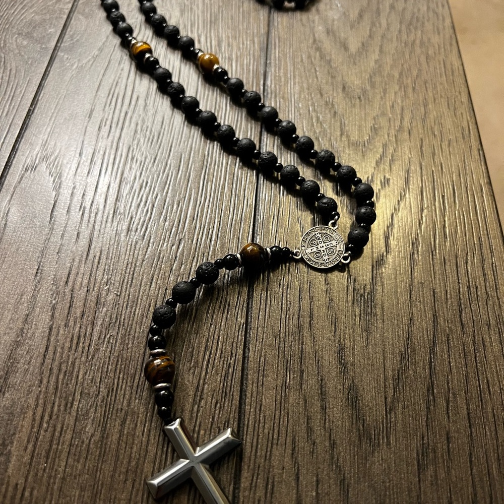 Black and Silver Beaded Rosary Necklace with Cross Pendant